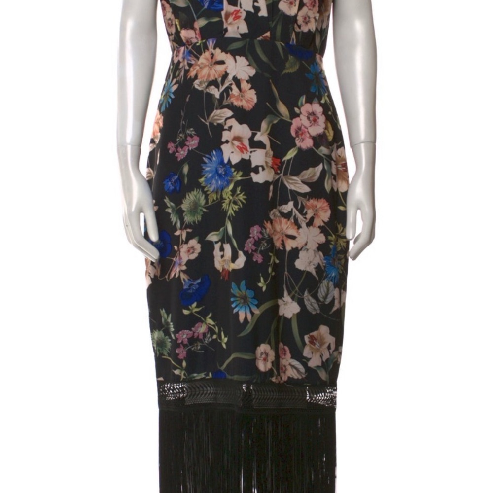 Badgley Mischka Black Floral Midi Dress with Fringe